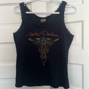Harley-Davidson Women's Black Tank Top with lace detail and rhinestones Y2K
